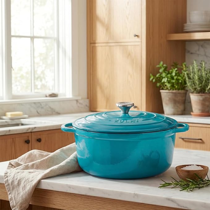 Zulay Kitchen 5 Quart Enameled Cast Iron Dutch Oven Pot with Lid – Premium Durability & Oven Safe up to 500°F – Heavy Duty Cookware Perfect for Bread Baking, Stews, Braising & Roasting – Light Blue