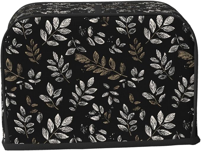 2 Slice Toaster Cover Boho Black Leaf Pattern Dust Proof Washable Kitchen Appliance Cover with Pocket, Oxford Fabric Countertop Toaster Protector for Standard Toasters Small Appliances