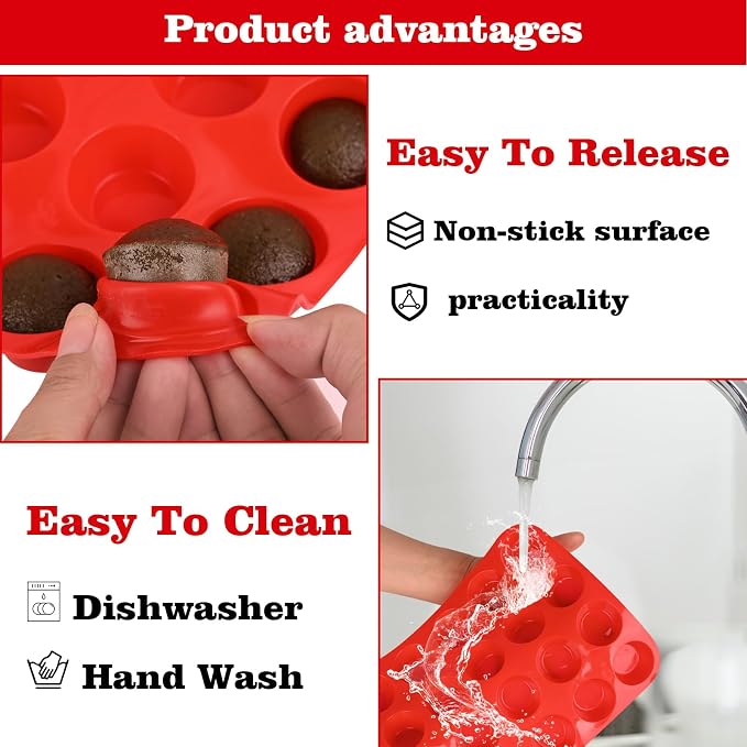 2 Pack Silicone Muffin Pan, Nonsticks 24 Cups Mini Cupcake Pans for Baking Muffin, Egg Bite, Cupcakes and Puddings (Red)