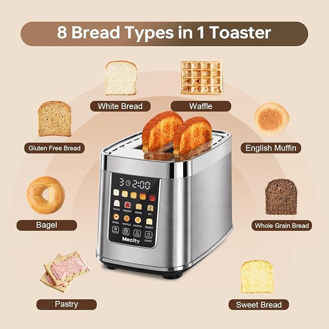 Mecity Motorized Toaster 2 Slice with Touch Screen, Stainless Steel Smart Toaster, 8 Bread Types, 5 Shade Levels, 1200W High Power, Keep Warm Mode, Reheat Defrost Functions, 120V