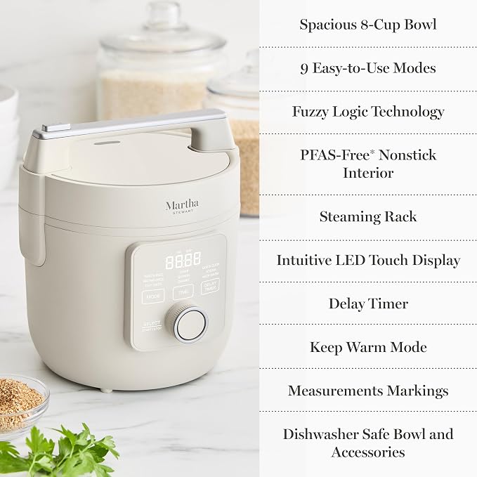 Martha Stewart 8 Cup Cooked (4 Cup Uncooked) Rice Cooker & Steamer, Linen | PFAS-Free Ceramic Nonstick Removable Pot, 9 Modes, Keep Warm, Steamer, White & Brown Rice, Quinoa, Grains, Oats, Easy Clean