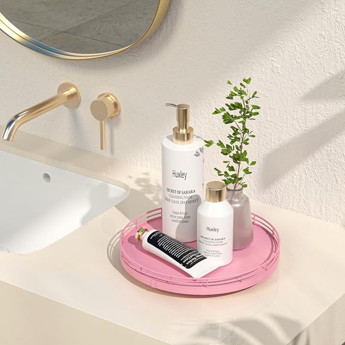 Oroyutor 10-Inch Oak Lazy Susan Vanity Tray, Pink Finish | Rotating oak tray organizes spices, toiletries and decor on kitchen counters, bathroom vanities, dining and coffee tables.