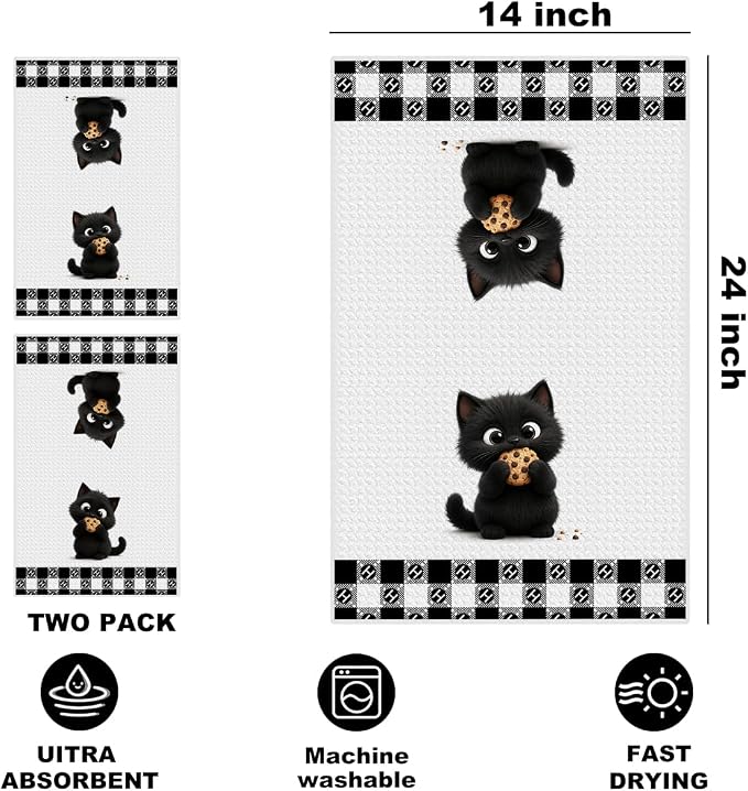 Jztco 2 Pcs Cute Cat Kitchen Towels, Cat Gifts Reusable Hand Towels-1 | Cat Dish Cloths for Drying Dishes, Cats Waffle Dish Towels for Kitchen Bathroom Decor, Cat Lover Gifts for Women Grandma Mom
