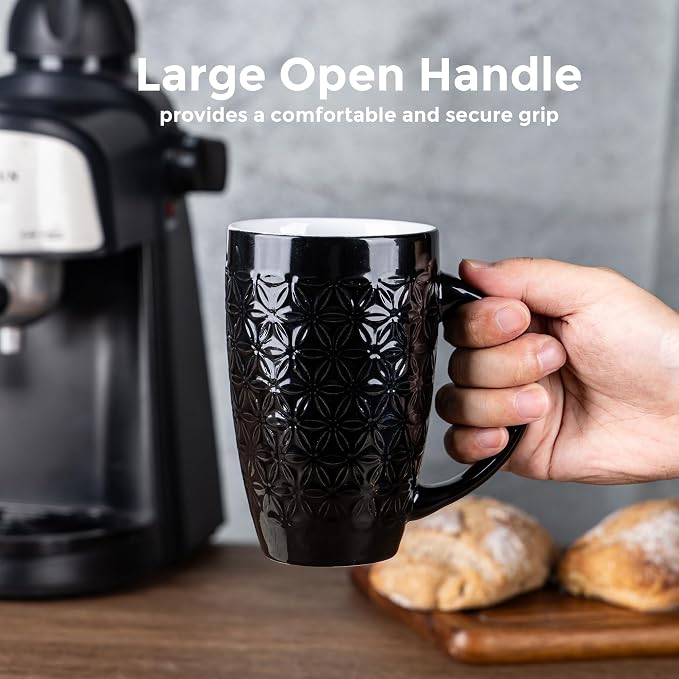 AmorArc 20 oz Large Coffee Mugs Set of 6, Black Ceramic Tall Coffee Cups | 3 Assorted Designs, Embossed Ceramic Coffee Mugs with Large Handle for Coffee/Tea/Cappuccino, Dishwasher&Microwave Safe