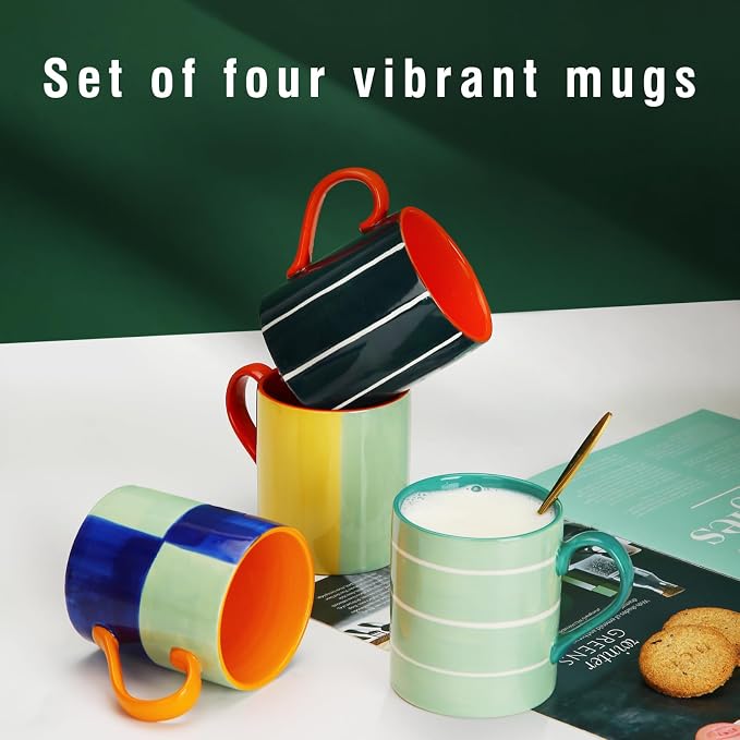 Koja Colorful Hand Painted Ceramic Mugs, 16 oz, Set of 4, Dishwasher Safe | Also microwave safe. Colorful hand painted set makes a great gift for coffee or tea lovers.