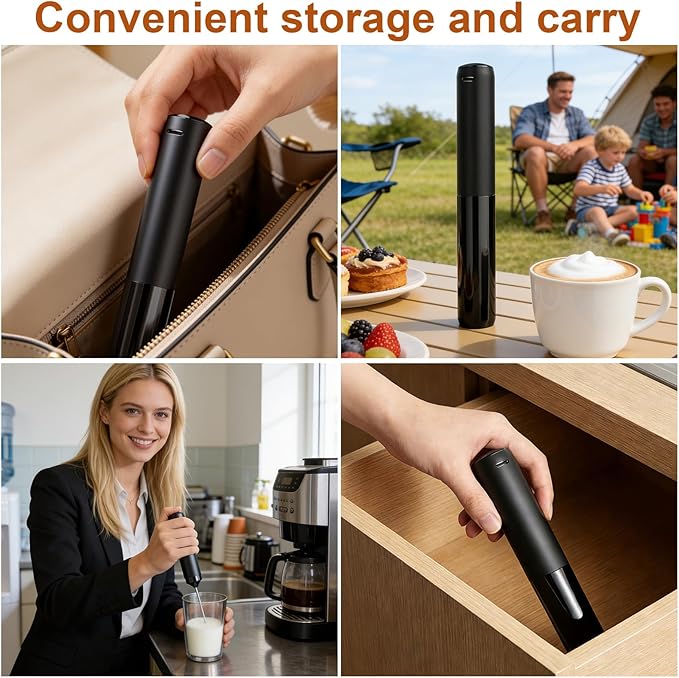 Rechargeable Milk Frother Handheld Electric Coffee Drink Mixer Wand with Stainless Steel Whisk and Portable Case for Cappuccino, Latte, Matcha, Hot Chocolate Black