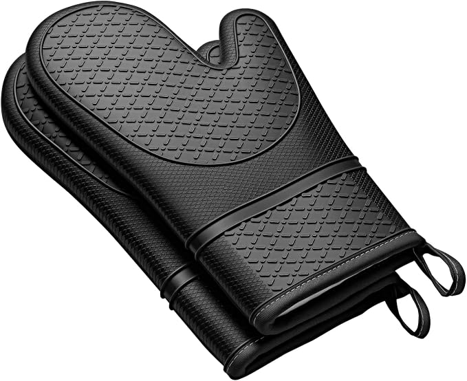 Heat Resistant Silicone Oven Mitts, Up to 500°F Protection for Baking & Grilling, 1 Pair (Black, Extra Thick)
