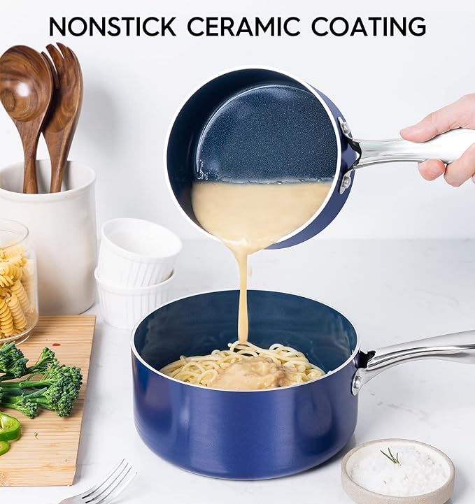 MICHELANGELO 2 Quart Saucepan with Lid, Nonstick Ceramic Sauce Pan with Stainless Steel Handle, 2 Qt Saucepan with Lid Induction Compatible, Oven Safe, Blue