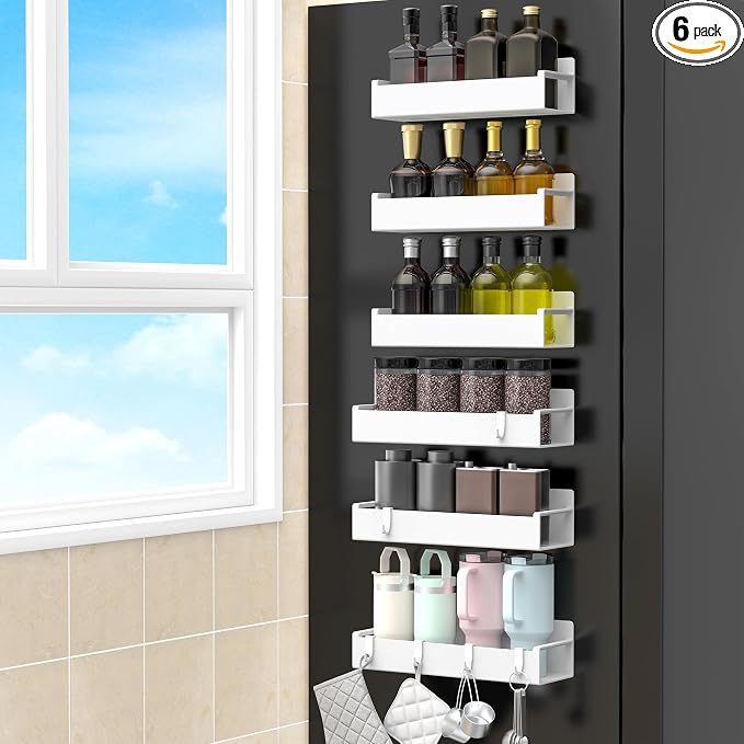 6 Pack Magnetic Spice Rack Organizer for Refrigerator and Oven, White Fridge Organizers and Storage for Kitchen
