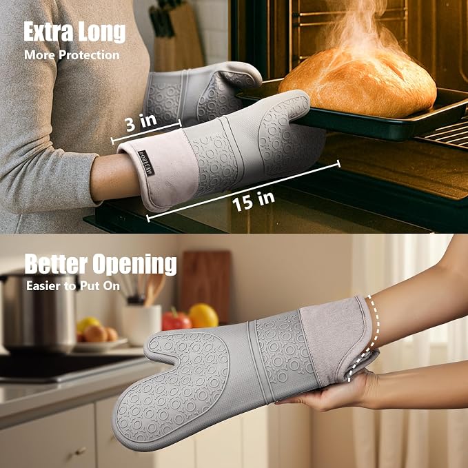 RORECAY Silicone Oven Mitts and Pot Holders Sets, Gloves for Kitchen, Gray | Set of 6 Kitchen Mitts for Baking & Cooking, Heat Resistant 500 ℉, 15" Extra Long, Non-Slip & Waterproof, Quilted Cotton