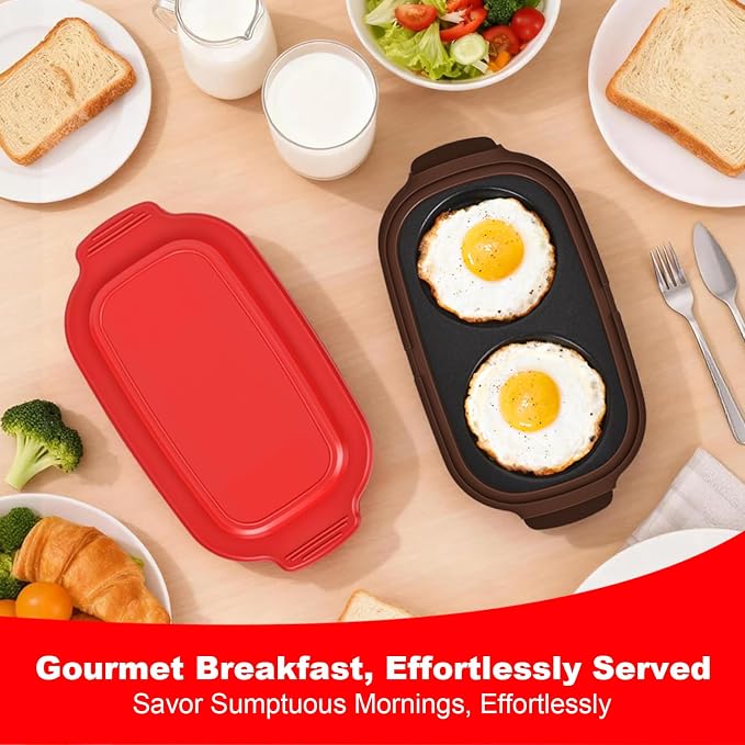 Microwave Egg Poacher & Cooker for 2 Eggs – Multi-Use Fryer with Silicone Lid, Makes Bacon, Omelets & Breakfast Sandwiches | Dishwasher Safe, BPA-Free, Portable for Dorm, Travel, Office (Red)