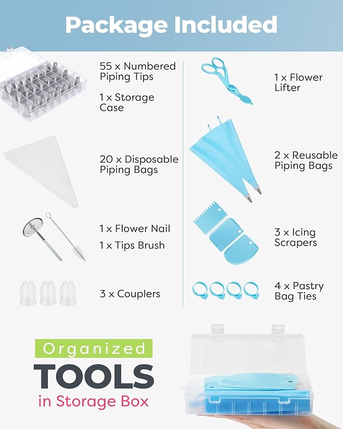 Kootek 90 Piping Bags and Tips Set Frosting Piping Kit for Beginners & Pros | Storage Case, Baking Supplies Kit, 55 Numbered Icing Tips, 20+2 Piping Bags, Pattern Chart, for Cupcake Cookie Cake Decoratin
