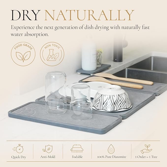 Large Stone Drying Mat for Kitchen Counter, Diatomaceous Earth Foldable Dish Drying Mat, Diatomite & Silicone Fast Water Absorbing Dry Pad, Thick Folding Drainer Mats for Dishes & Countertops