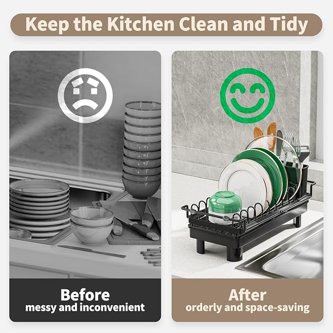 Expandable Over Sink Dish Rack, Small Dish Drying Rack with Drip Tray | Anti-Scratch Base, Space Saving Design for Kitchen Counter
