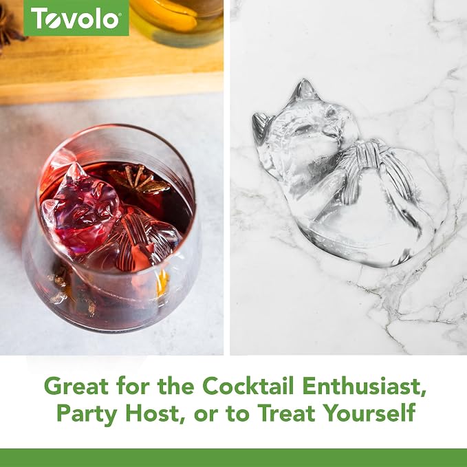 Tovolo Cat Ice Cube Mold with Yarn Pack of 2 Large Kitten Ice Molds for Whiskey Cocktails, Easy Fill No Leak Silicone Cat Shaped Ice Cube Gifts for Pet Lovers Stackable Dishwasher Safe BPA Free
