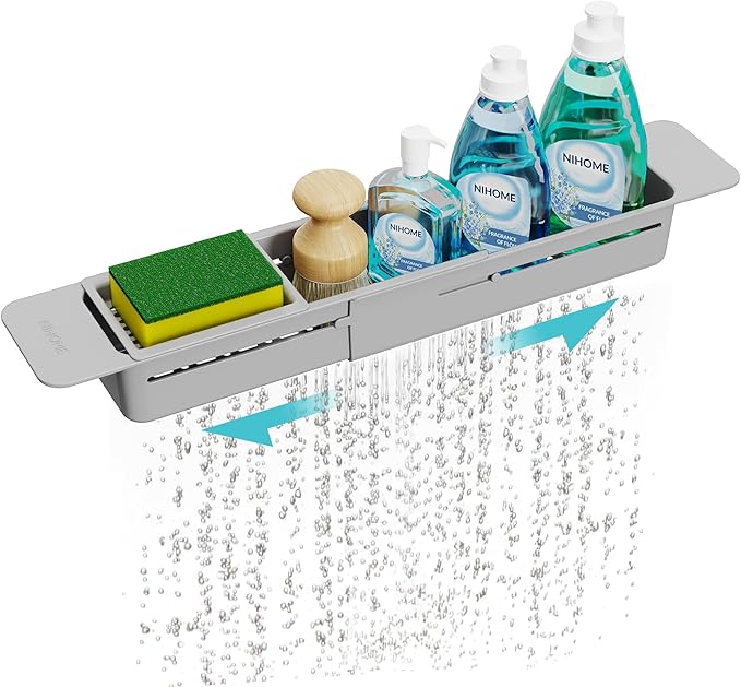 NiHome Extendable Kitchen Sink Caddy Extra Long Brush Sponge Storage Holder | Expandable Kitchen In Sink Organizer Extra Long for Brush & Sponge with Drainage, Adjustable Length, Non-Slip Pads (Gray)