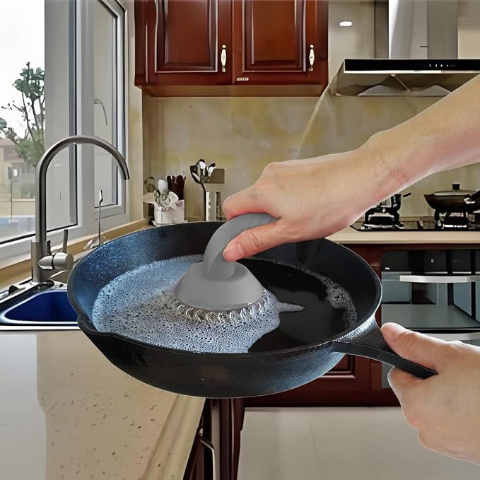 Cast Iron Scrubber with Pan Scraper & Towl, 316 Chainmail Scrubber with Long Handle, Upgraded Chain Mail Scrubber Cleaner for Grill Pan Skillet Wok Carbon Steel Dutch Oven Metal Brush (Grey)