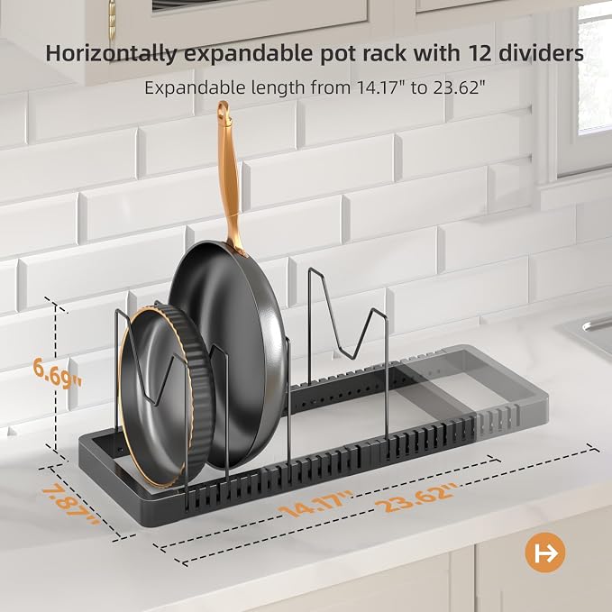 Pots and Pans Organizer under Cabinet, Expandable Pot Lid Organizer Holder with 12 Adjustable Compartment, Pan Organizers inside Cabinet for Lids, Bakeware, Kitchen Storage Pot Rack, Black