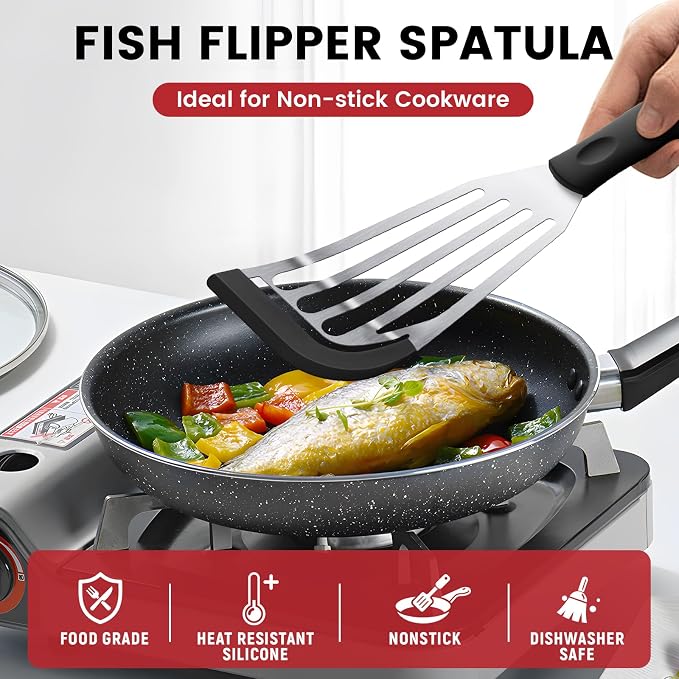 Silicone Fish Spatula, Heat Resistant Silicone Edge for Nonstick Cookware, Fish Turner for Kitchen Use, Flexible and Thin Stainless Steel Slotted Spatula,12.2 * 3.42 Inch, Black