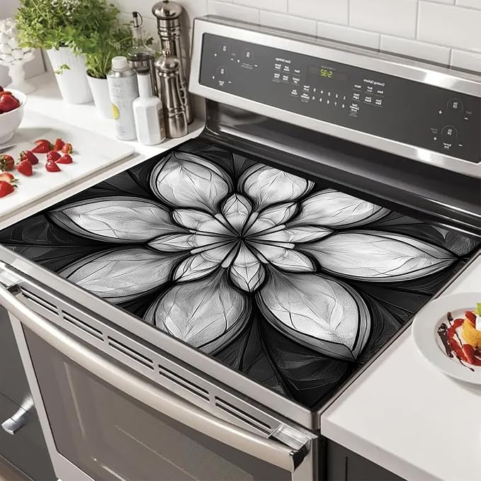 HOMETITUTE Stove Top Cover 28x20 Black White Floral Heat Resistant Mat
