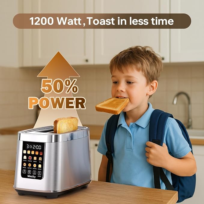 Mecity Motorized Toaster 2 Slice with Touch Screen, Stainless Steel Smart Toaster, 8 Bread Types, 5 Shade Levels, 1200W High Power, Keep Warm Mode, Reheat Defrost Functions, 120V