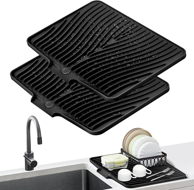 TIKNIK Silicone Dish Drying Mat for Kitchen Counter, Black-2pcs, 16" x 12" | Heat Resistant & Non-Slip Dish Drain Pad with Built-In Drain, Dishwasher Safe, Quick-Dry, Hangable & Roll-Up for Storage