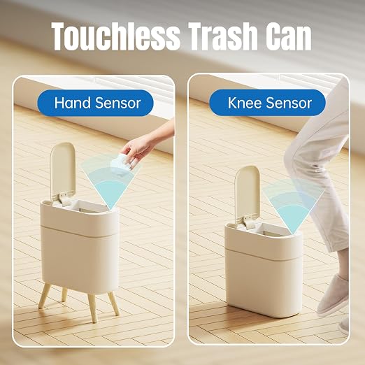 Yatmung 2 Pack - Motion Sensor Trash Can with Lid - Slim Smart Garbage Can | Waste Basket for Bedroom, Office, Kitchen, Living Room - Automatic Trash Can Bathroom Touchless - White with Wooden Legs