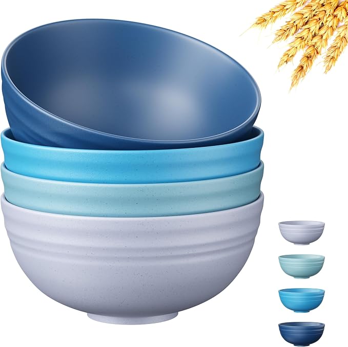 Quatish 4 PCS Unbreakable Cereal Bowls,Dishwasher & Microwave Safe Wheat Straw Bowls, Easy-to-Clean Lightweight Desserts & Soup Bowl, Portable for Picnics ，Snack Plastic Bowls Set，Blue