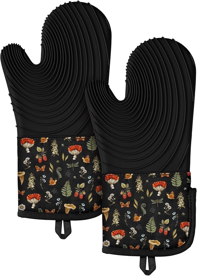 Slohif Long Silicone Oven Mitts Heat Resistant for Women - 2 Pcs Black Mushroom 100% Cotton Oven Gloves, Non-Slip and Waterproof Silicone Oven Mitts with Hanger for Baking and Cooking