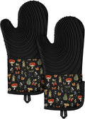 Slohif Long Silicone Oven Mitts Heat Resistant for Women - 2 Pcs Black Mushroom 100% Cotton Oven Gloves, Non-Slip and Waterproof Silicone Oven Mitts with Hanger for Baking and Cooking