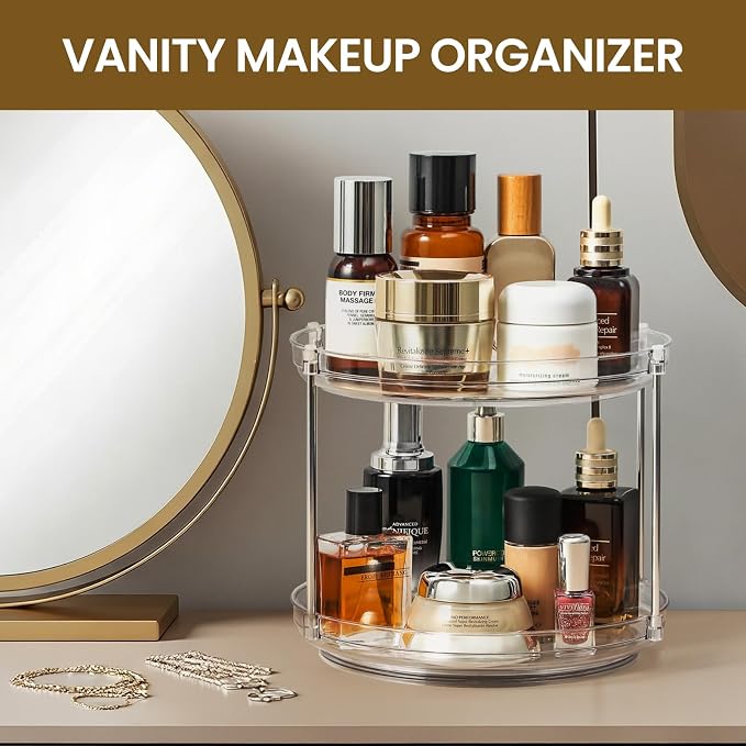 2 Tier Non-Skid Acrylic Lazy Susan Turntable Organizer - Rotating Spice Rack - Spinning Organization Tray for Kitchen, Pantry, Countertop, Closet, Bathroom, Vanity, Medicine Cabinet Organizing, 11''