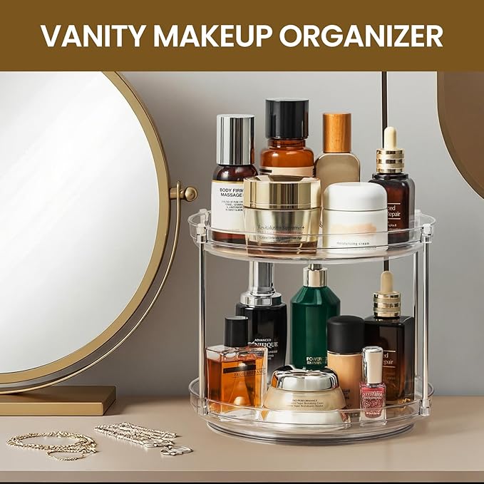 2 Set 2 Tier Non-Skid Acrylic Lazy Susan Organizer - Rotating Spice Rack - Turntable Spinning Organization for Kitchen, Pantry, Countertop, Closet, Bathroom, Vanity, Medicine Cabinet Organizing, 11''