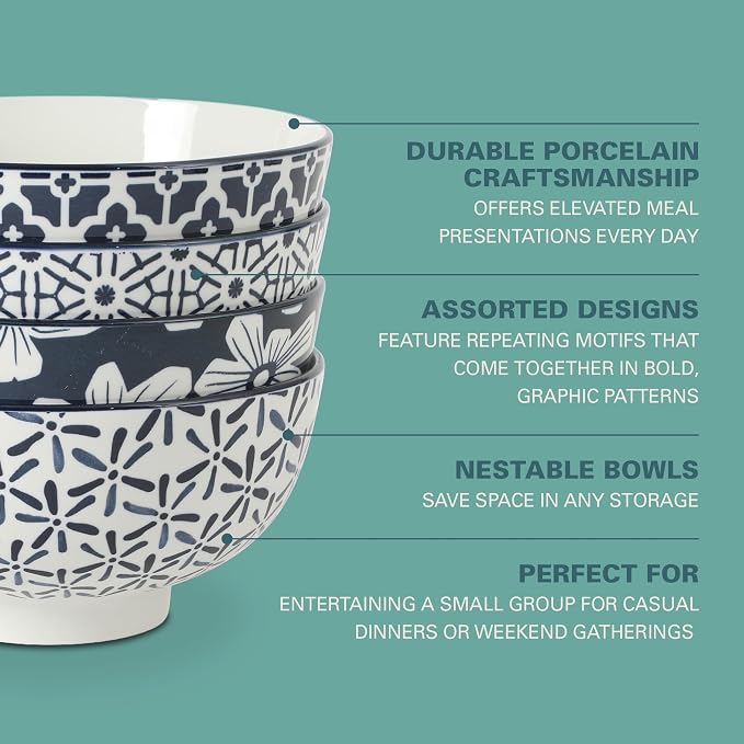 Gibson Home Castle Way 4-Piece Large Serving Bowl Set, 8 Inch Round Stoneware Bowls, Blue & White Assorted Pattern, Decorative Everyday Use
