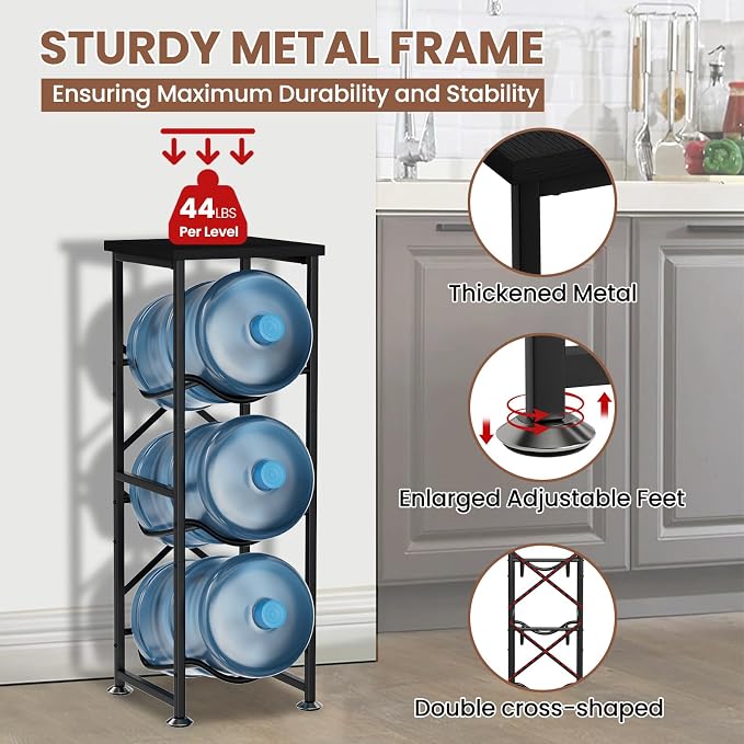 5 Gallon Water Jug Holder, 3-Tier Water Bottle Holder with Wood Top Shelf, Heavy Duty Water Cooler Jug Rack, Storage Stand for Office and Living Room, Black