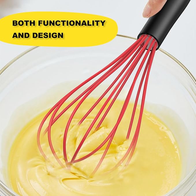 NileHome Silicone Whisk Set 8" 10", 2 Pack Kitchen Whisk Kitchen Wisk Wire Whisks for Cooking, Whisking, Blending, Beating, Stirring-Red