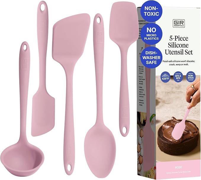 GIR 5-Piece Silicone Kitchen Utensils Set, Non-Toxic Cooking Utensils for Cooking and Baking, Heat Resistant, Food Grade, Dishwasher Safe Rubber Spatula, Ladle, Spoon - Rose