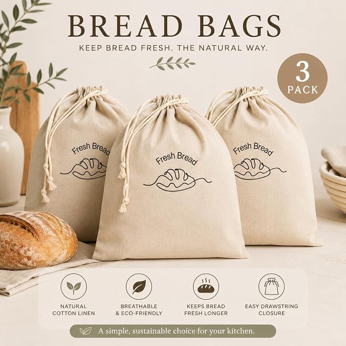 3-Pack Linen Bread Bags for Homemade Bread – Reusable Bread Storage Bags with Inner Lining – 12"x15" Sourdough Bread Bags – Eco-Friendly Baking Supplies & Gifts for Home Bakers by Simply H&K