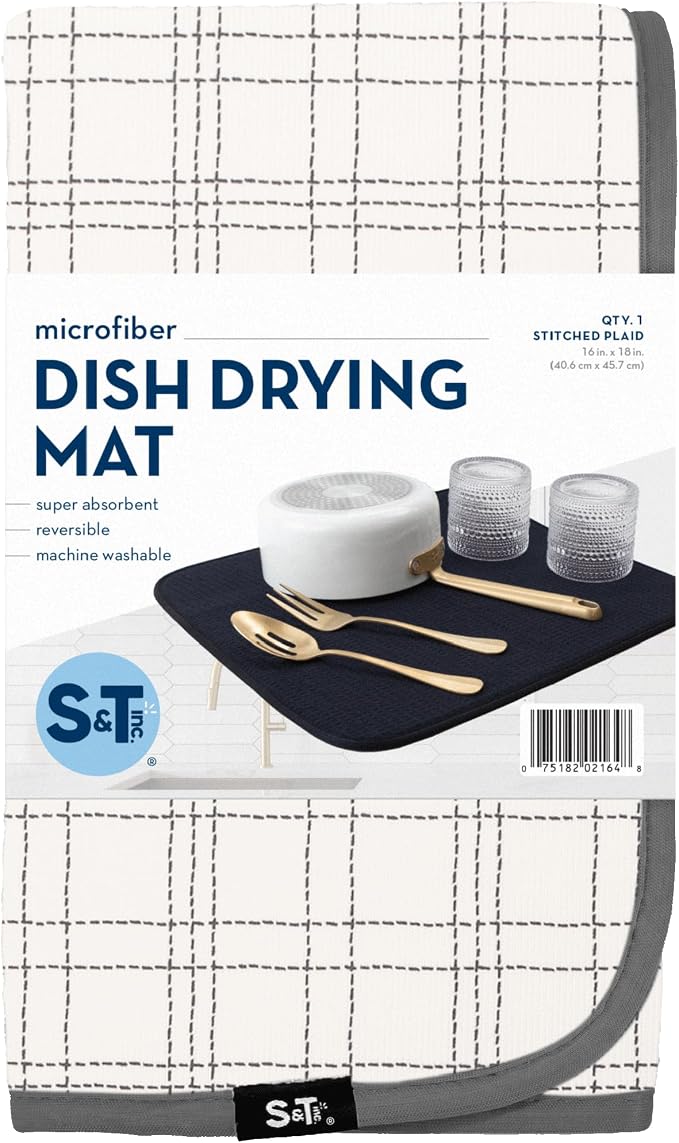 S&T INC. Dish Drying Mat, 16" x 18", Large, Stitched Plaid | Absorbent Microfiber, Kitchen Counter Mat for Dishes, Utensils, Pots and Pans, Machine Washable
