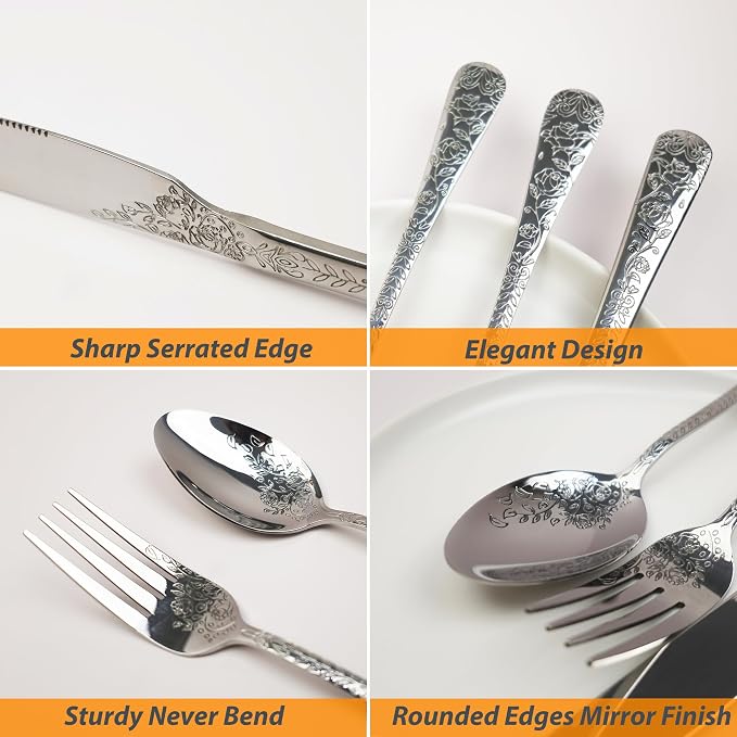 Runfly Modern Carved Floral Silver Stainless Steel 20-Piece Flatware Set | Silverware Set, Vintage Utensil Set, Cutlery Set for Home and Kitchen, with Knife/Fork/Spoon