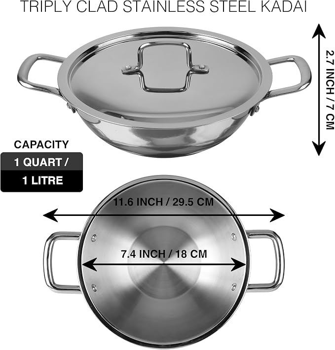 KSJONE 1-Quart Tri-Ply Stainless Steel Kadai with Lid, Less Oil Use, Healthy Cooking, Food Safe, Stay Cool Handles, Compatible with All Modern Cooktops, Oven-Safe, Dishwasher-Friendly