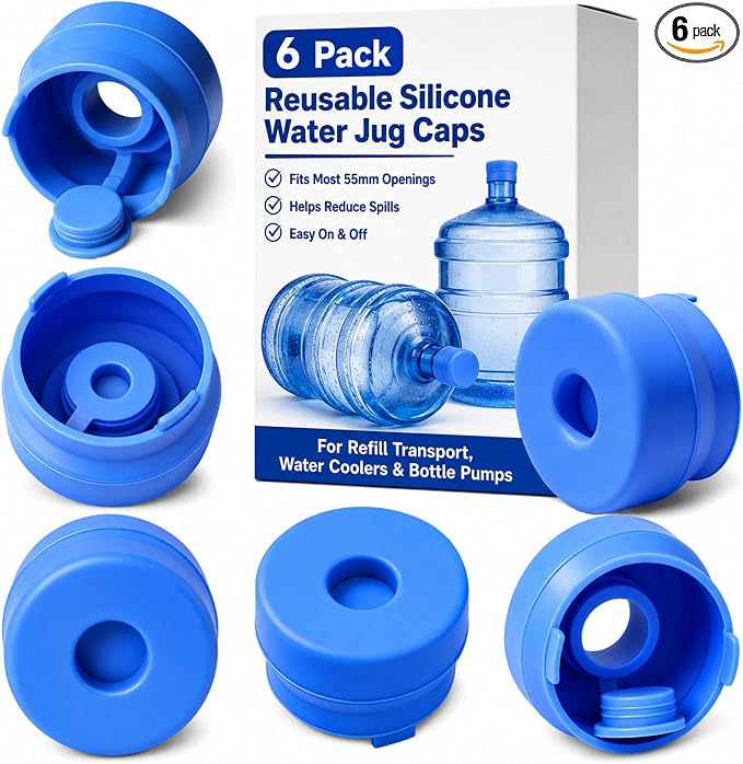 3 & 5 Gallon Water Jug Caps, 6 Pack, Fits 55mm Openings, Non-Spill Lids | 2-5 Gal Bottles, Reusable Silicone Water Bottle Caps, Refill Transport, Water Cooler Use, Bottle Pump Use, Side Pull Tabs