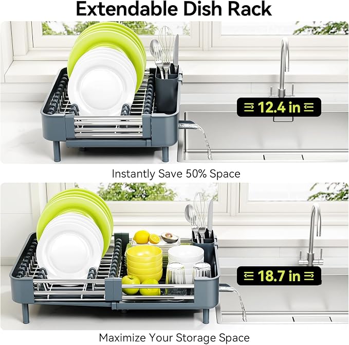 Urackify Extendable Stainless Dish Drying Rack for Kitchen Counter | 13.78"W x 18.7"L, Foldable Drainboard for Space Saving, Knife and Utensil Holder, Fast-draining Spout, Dark Slate Teal