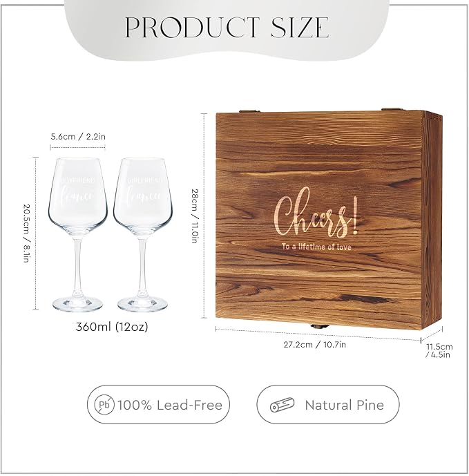 AW BRIDAL Engagement Gifts for Couples Fiance and Fiancee Wine Glasses Set | Engaged Wine Glasses with Wine Stopper & Wood Keepsake Box, 2026 Wedding Gifts for Newlyweds, Bride to Be Gifts for Women
