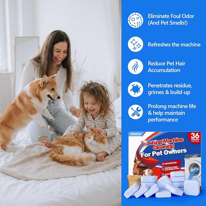 USKICH 36 Pack Washing Machine Cleaner Tablets for Pet Owners Pro, Deep Cleaning Pet Hair Remover for Laundry,Eliminates Odors,Compatible with HE, Top & Front Load Washer
