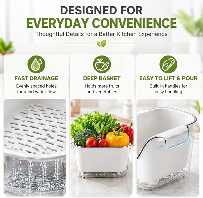 Double Layer Draining Basket for Kitchen, Fruit & Vegetable Washing Colander with Water Catch Tray, Food Grade Drain Basket, Large Capacity Produce Washer, Kitchen Strainer Bowl, Easy to Clean