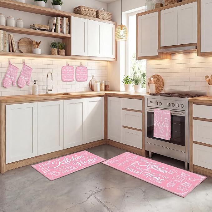 10 Pcs Kitchen Decor and Accessories Set, Pink Retro | Baking Cute Happiness 4 Dish Towels Kitchen Rugs 2 Oven Mitts 2 Pot Holders, Home Decor for Cooking Baking BBQ Housewarming