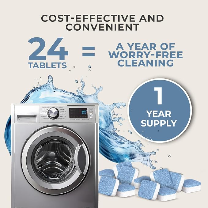 Washing Machine Cleaner Tablets, Ocean Scent, 24 Pack | Ocean scent. Removes detergent buildup, hard water deposits, grime & odor residue. HE, front load, top load. 24 tablets.