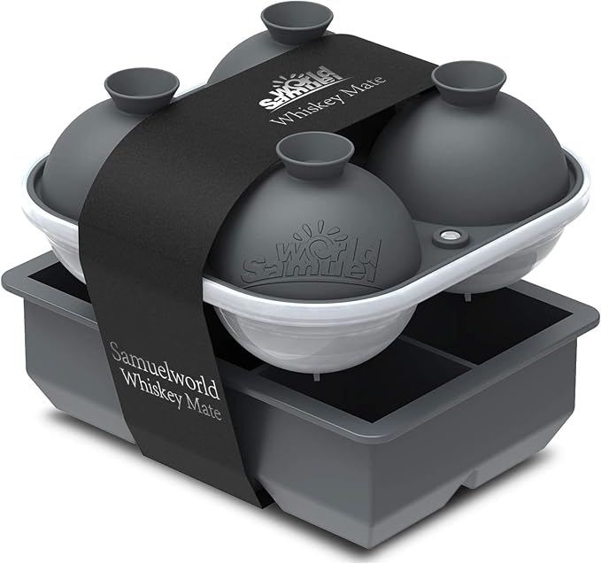 Samuelworld Large Silicone Premium Ice Trays, 2-Pack Combo, 2 Inches Big Cubes & 2.5 Inches Sphere Ice Molds - BPA Free, Craft Ice Maker for Gifting, Whiskey, Cocktails, Easy Release - Gray