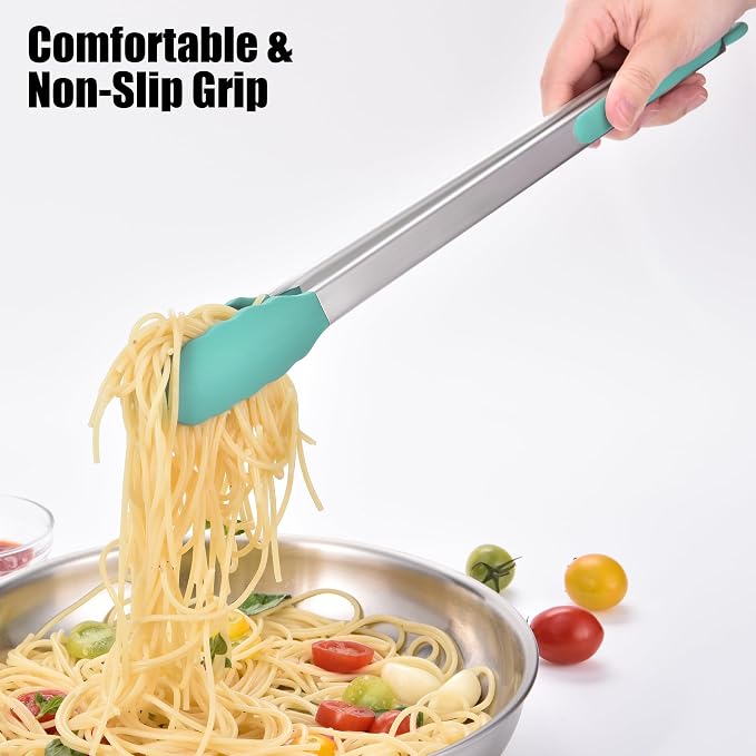 Doosu Kitchen Tongs with Silicone Tips for Cooking Serving (16in, Aqua Sky) | 600°F Heat Resistant Food Tong, Heavy Duty Stainless Steel Locking Tong for BBQ, Grilling Steak, Salad, Toast, Pasta