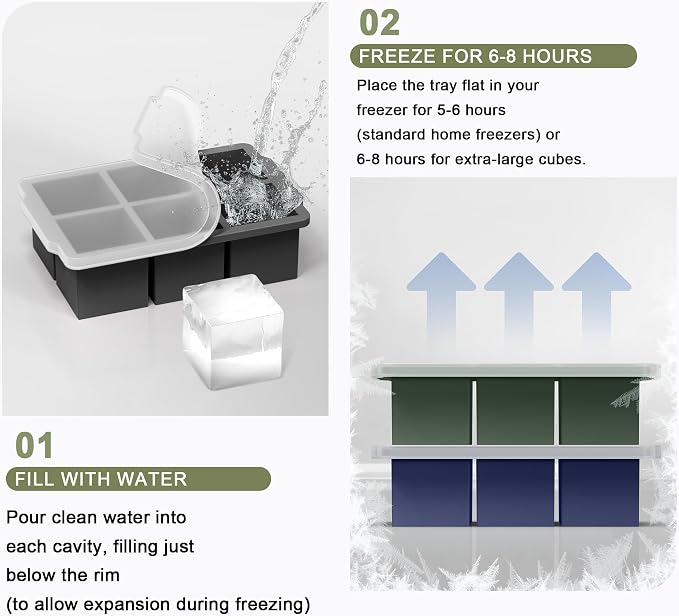 VLM 3 Packs Large Ice Cube Molds with Stackable Lid,Silicone Ice Cube Tray for Freezer,Big Square Ice Tray for Whiskey,Cocktails,Bourbon and Soups